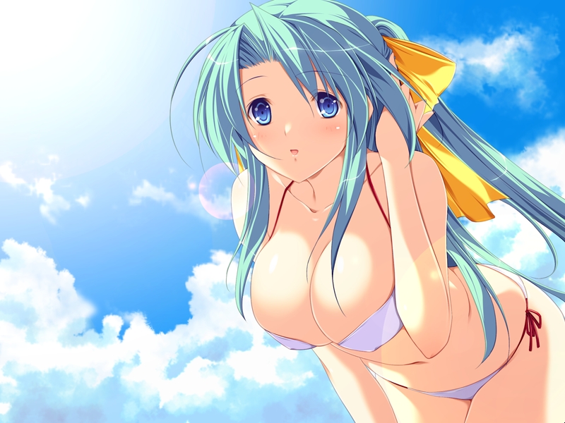 selene (marionette zero), marionette zero, game cg, non-web source, 1girl, bikini, blue eyes, breasts, cleavage, day, female focus, green hair, large breasts, leaning forward, long hair, ponytail, solo, swimsuit