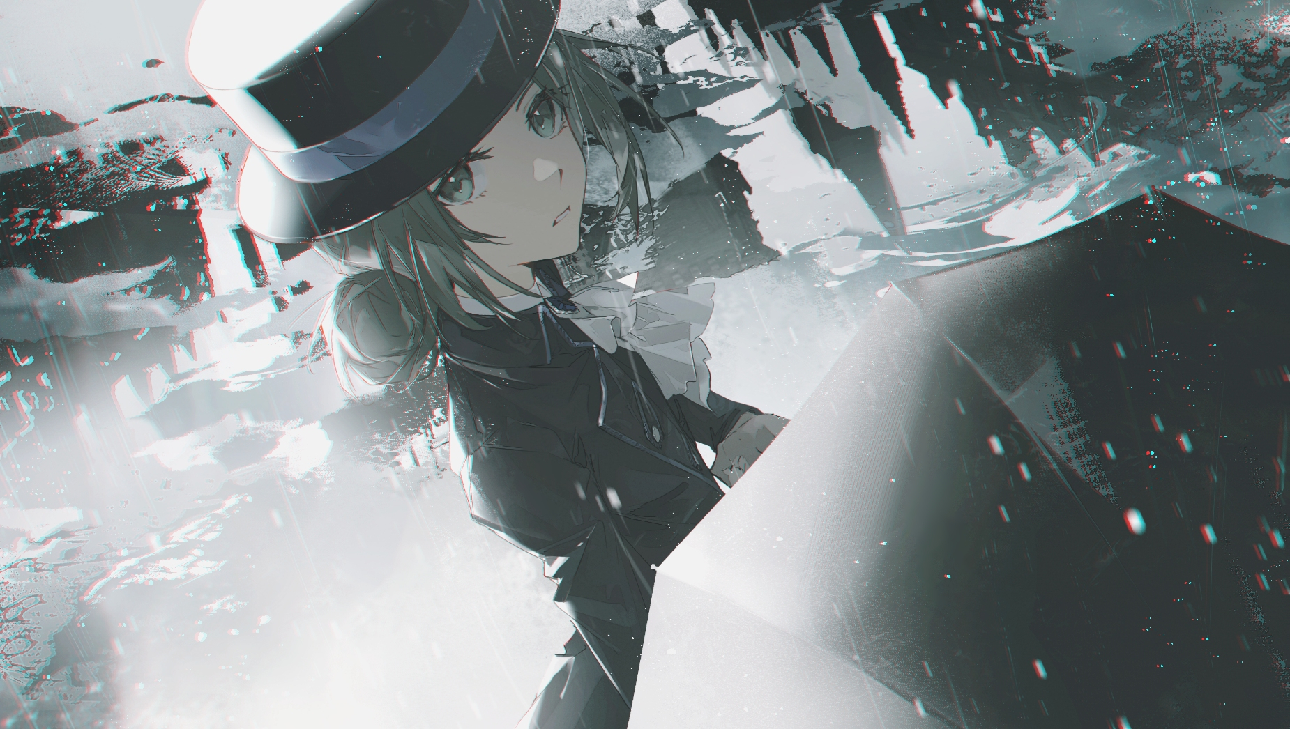 cheonyeon-hi, vertin (reverse:1999), reverse:1999, highres, 1girl, ascot, black jacket, blue eyes, boater hat, brooch, chromatic aberration, collared jacket, formal clothes, grey hair, hair bun, hat, holding, holding umbrella, jacket, jewelry, lapels, parted lips, puddle, rain, solo, umbrella, white ascot