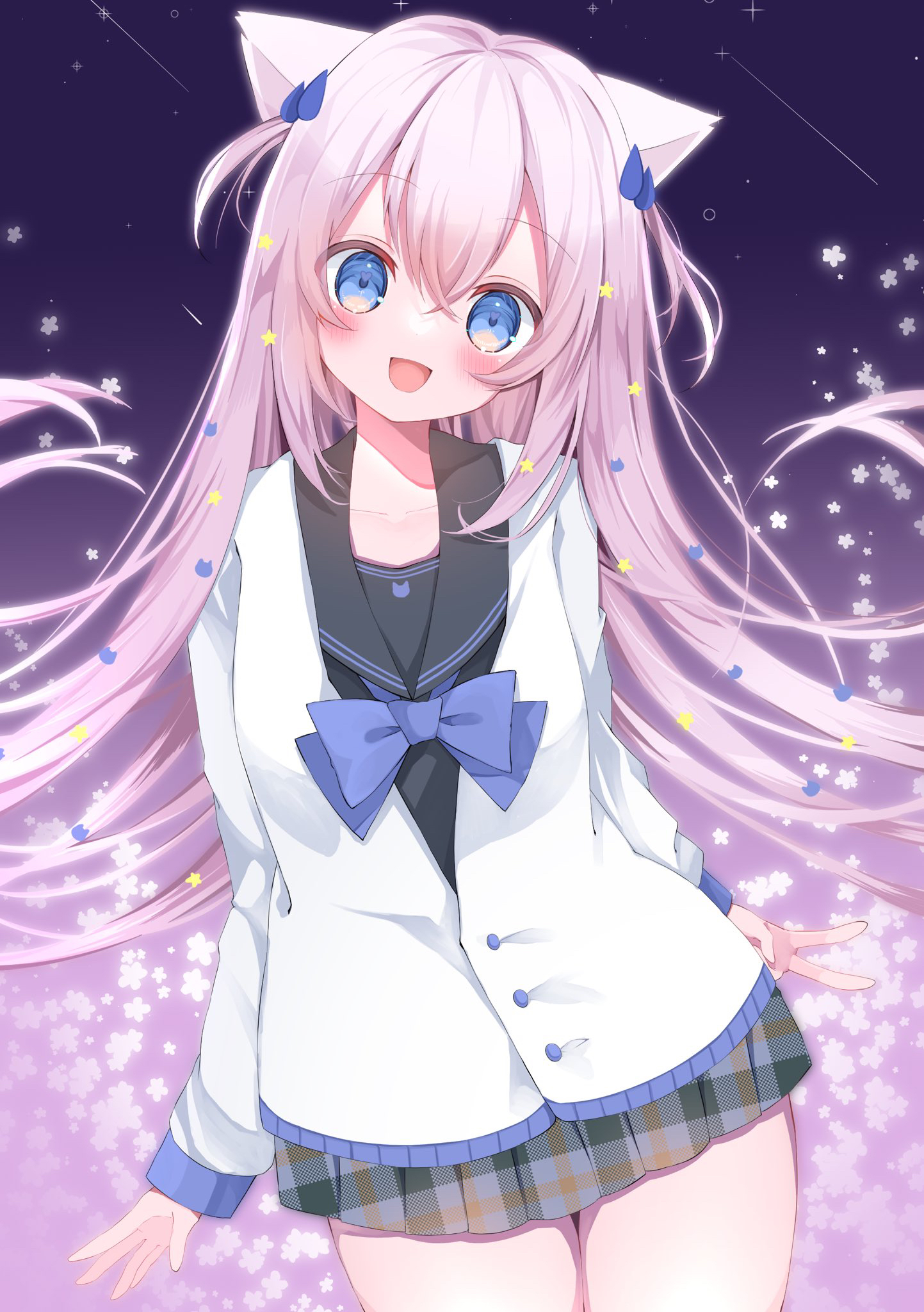 nanakusa miya, original, commentary, highres, symbol-only commentary, 1girl, :d, animal ears, black sailor collar, blue bow, blue eyes, blush, bow, cat ears, grey skirt, hair between eyes, hair ornament, jacket, long hair, looking at viewer, open mouth, pink hair, plaid clothes, plaid skirt, pleated skirt, sailor collar, school uniform, serafuku, skirt, smile, solo, tongue, two side up, white jacket
