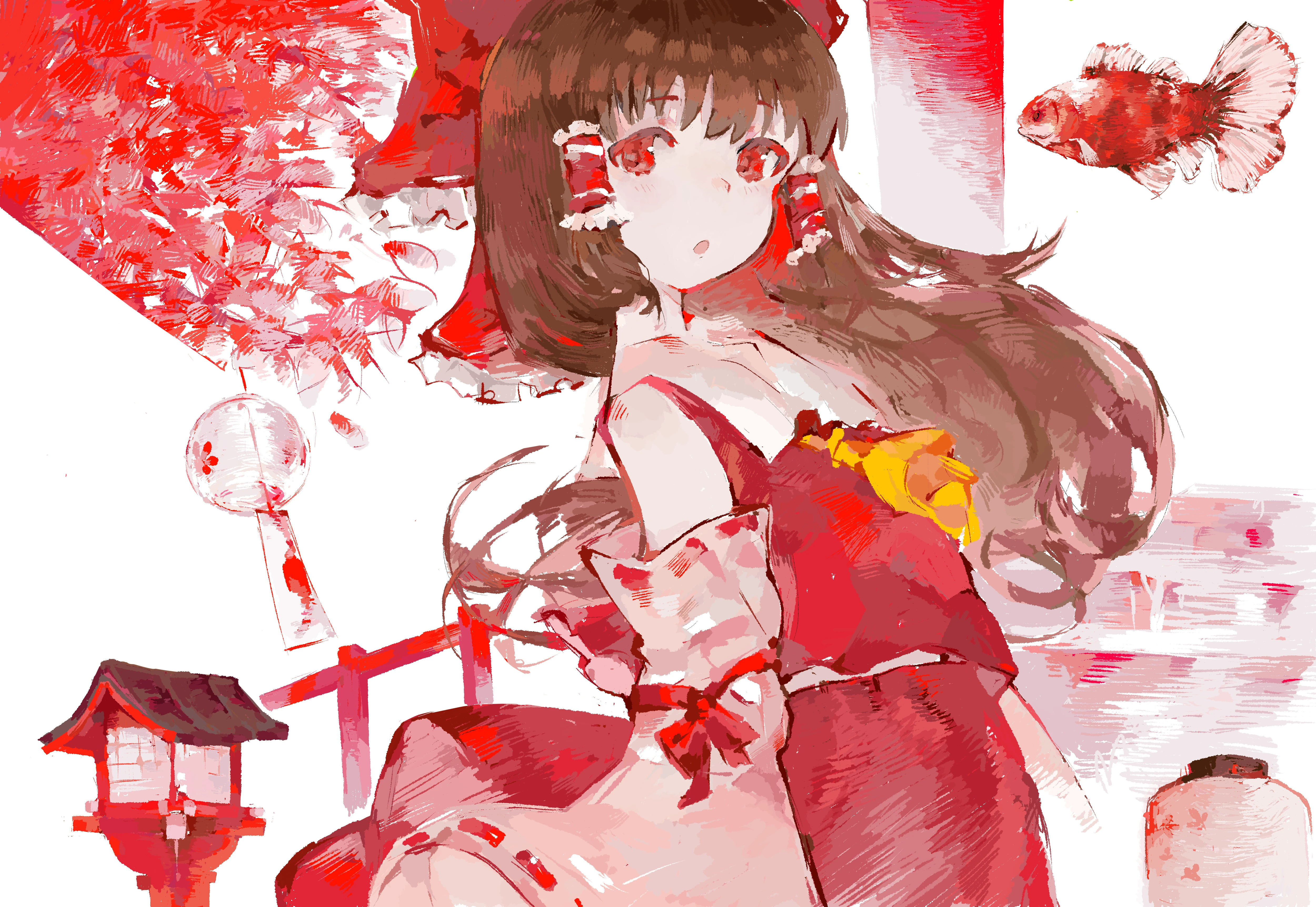 hakurei reimu, touhou, absurdres, artist request, highres, 1girl, bow, brown hair, detached sleeves, dress, fish, goldfish, hair ribbon, lantern, long hair, looking at viewer, missing commentary, red dress, red eyes, ribbon, sengoku nadeko eigyou chuu, shrine, solo, torii, wavy hair, wind chime