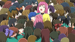 akashiya moka, rosario+vampire, ass grab, animated, animated gif, anime screenshot, lowres, 00s, 6+girls, ass, blush, breasts, chijo, chikan, crowd, grabbing another's breast, groping, molestation, multigrope, multiple girls, pink hair, school uniform, yuri