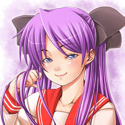 arimaru, hiiragi kagami, lucky star, bad id, bad pixiv id, lowres, 00s, blue eyes, purple hair, school uniform, serafuku, solo, twintails