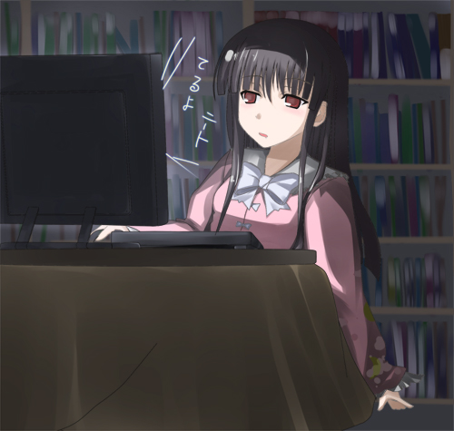 hareno chiame, houraisan kaguya, touhou, bad id, bad pixiv id, lowres, translated, 1girl, bedroom, black hair, book, computer, computer keyboard, empty eyes, female focus, fujoshi, long hair, manga (object), neet, red eyes, solo