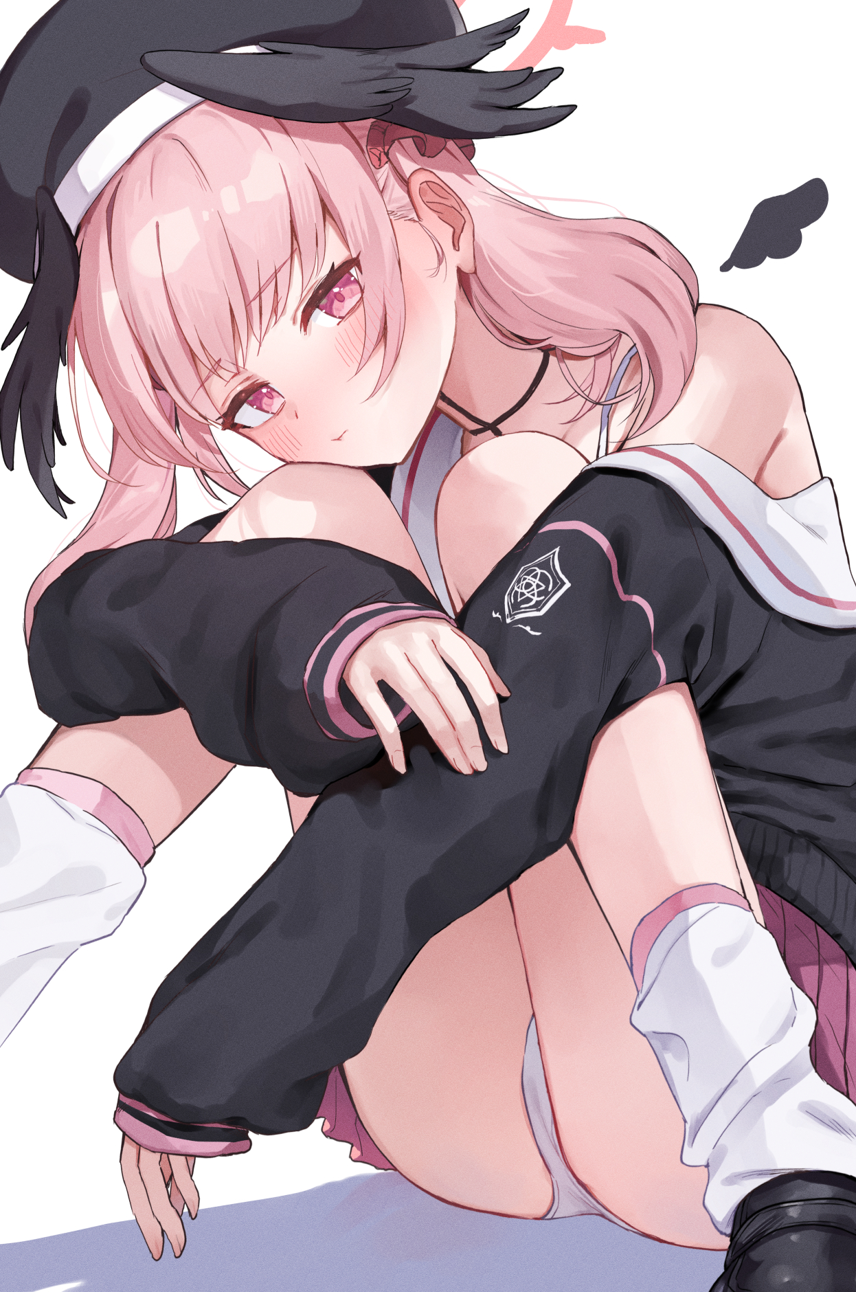namama (namama82), koharu (blue archive), blue archive, highres, 1girl, black hat, black shirt, black wings, closed mouth, hat, head wings, knees up, looking at viewer, panties, pink hair, pink skirt, shirt, simple background, sitting, skirt, sleeves past wrists, solo, twintails, underwear, white background, white panties, wings