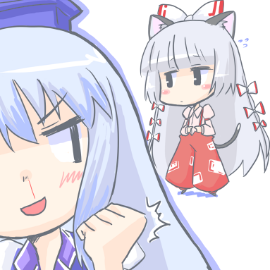 fujiwara no mokou, kamishirasawa keine, touhou, silver hair, lowres, non-web source, 2girls, animal ears, blood, blue hair, blush, cat ears, cat girl, cat tail, chibi, female focus, full body, hat, long hair, multiple girls, nosebleed, simple background, standing, tail, very long hair, white background