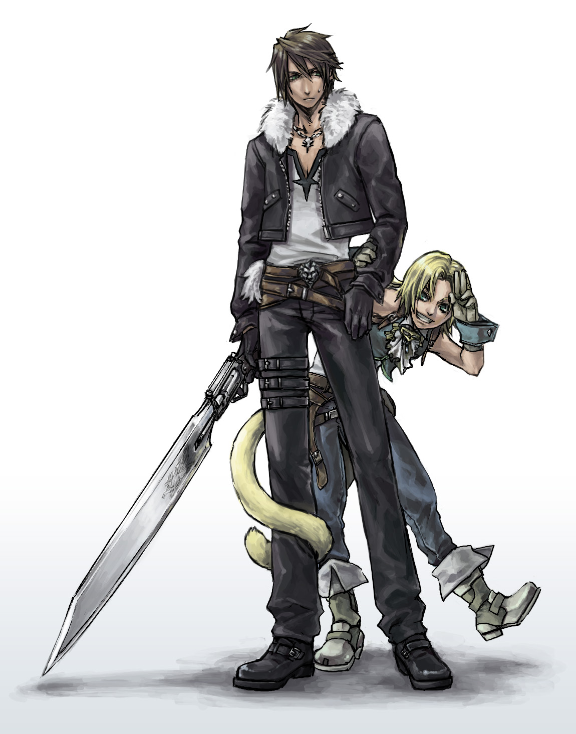 aka gan k, akagishi k, squall leonhart, zidane tribal, dissidia final fantasy, final fantasy, final fantasy ix, final fantasy viii, black footwear, highres, 00s, 1990s (style), 2boys, bare shoulders, belt, black gloves, black jacket, black pants, blonde hair, blue eyes, boots, brown hair, denim, full body, fur collar, fur trim, gloves, gunblade, height difference, jacket, jeans, jewelry, male focus, multiple belts, multiple boys, necklace, pants, retro artstyle, salute, scar, shirt, simple background, standing, sword, tail, tail wrap, weapon, white shirt