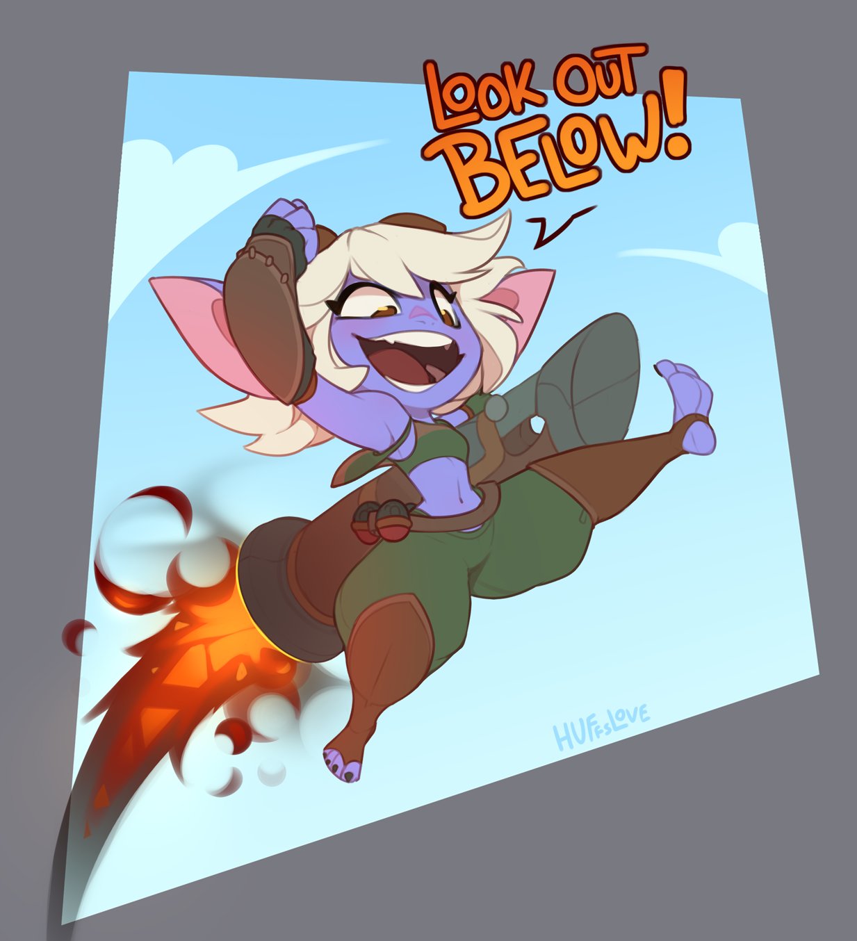 huffslove, tristana (league of legends), yordle, league of legends, highres, 1girl, colored skin, english text, gameplay mechanics, green pants, midair, pants, purple skin, rocket jumping, solo, white hair