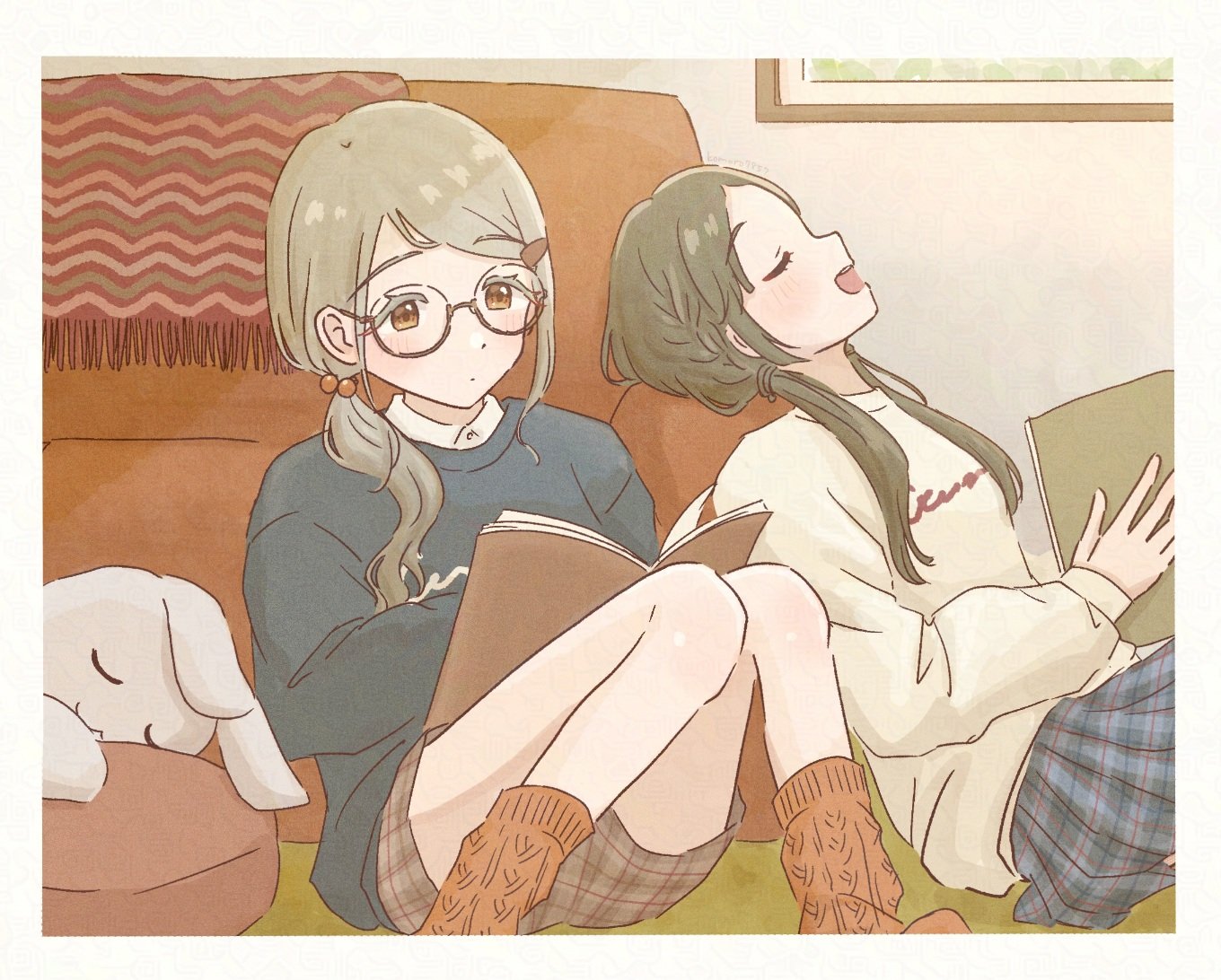 komoro7857, kuramoto china, shinosawa hiro, gakuen idolmaster, idolmaster, commentary, symbol-only commentary, 2girls, blonde hair, blue skirt, blue sweater, blush, book, brown hair, brown shorts, brown socks, closed eyes, closed mouth, clothes writing, collared shirt, colored eyelashes, couch, feet out of frame, from side, glasses, hair bobbles, hair ornament, hair tie, hairclip, holding, holding book, indoors, knees up, leaning back, looking down, low ponytail, low twintails, multiple girls, on floor, open mouth, orange eyes, parted bangs, picture frame, plaid clothes, plaid shorts, plaid skirt, ponytail, profile, reading, semi-rimless eyewear, shirt, shorts, side ponytail, sitting, skirt, socks, stuffed animal, stuffed toy, sweater, twintails, under-rim eyewear, white shirt