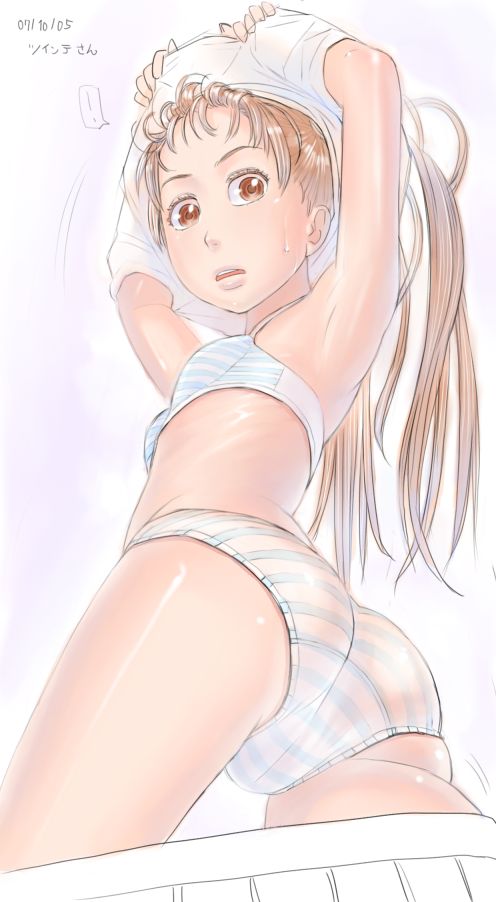 zenkou, armpits, blonde hair, bra, from below, lingerie, loli, panties, solo, striped clothes, striped panties, twintails, underwear, underwear only, undressing