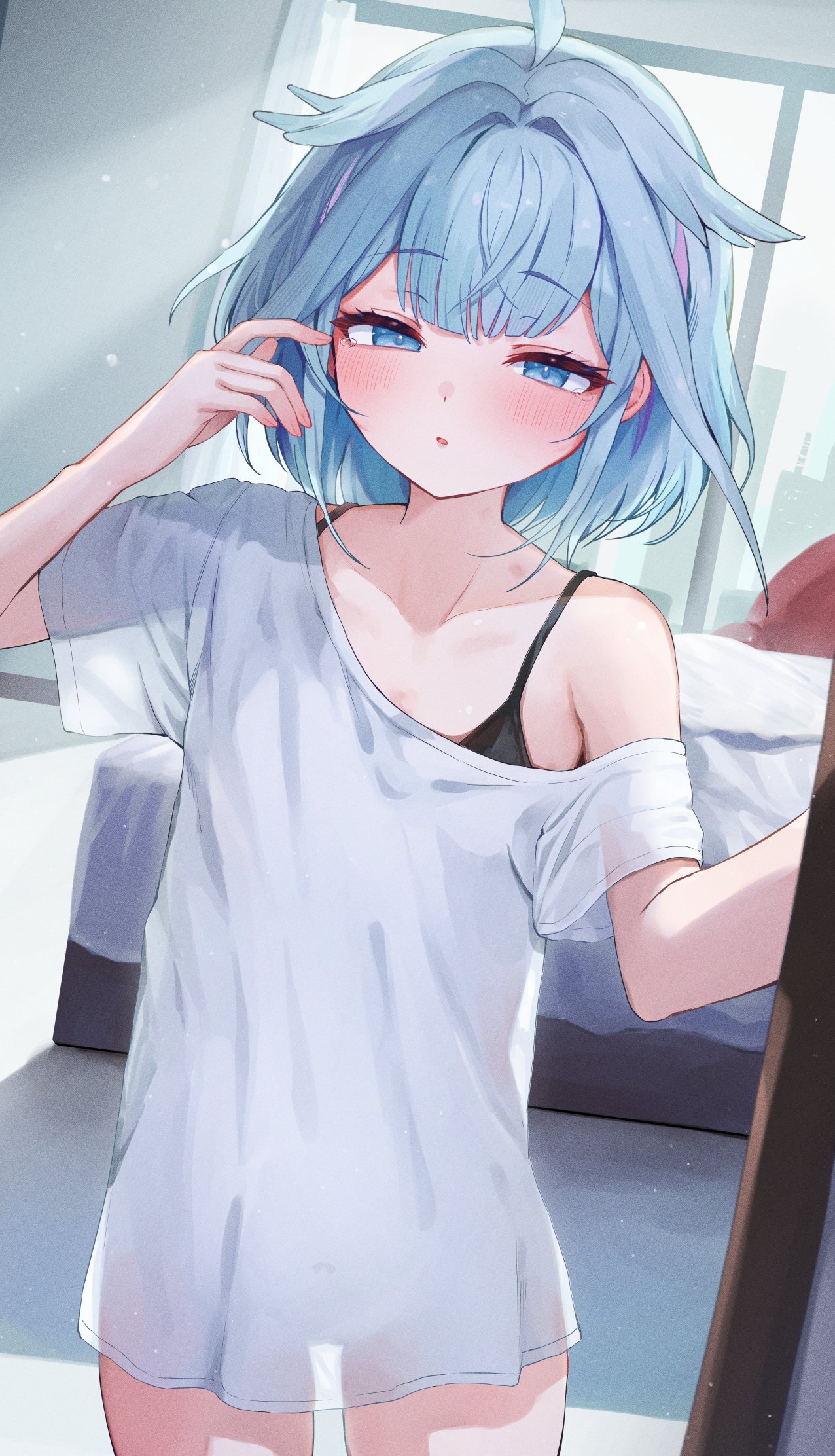 namama (namama82), mizumiya su, hololive, hololive dev is, highres, 1girl, black bra, blue eyes, blue hair, blush, bra, cowboy shot, indoors, looking at another, looking at viewer, parted lips, see-through clothes, see-through shirt, shirt, short hair, short sleeves, single bare shoulder, single off shoulder, solo, tearing up, underwear, white shirt