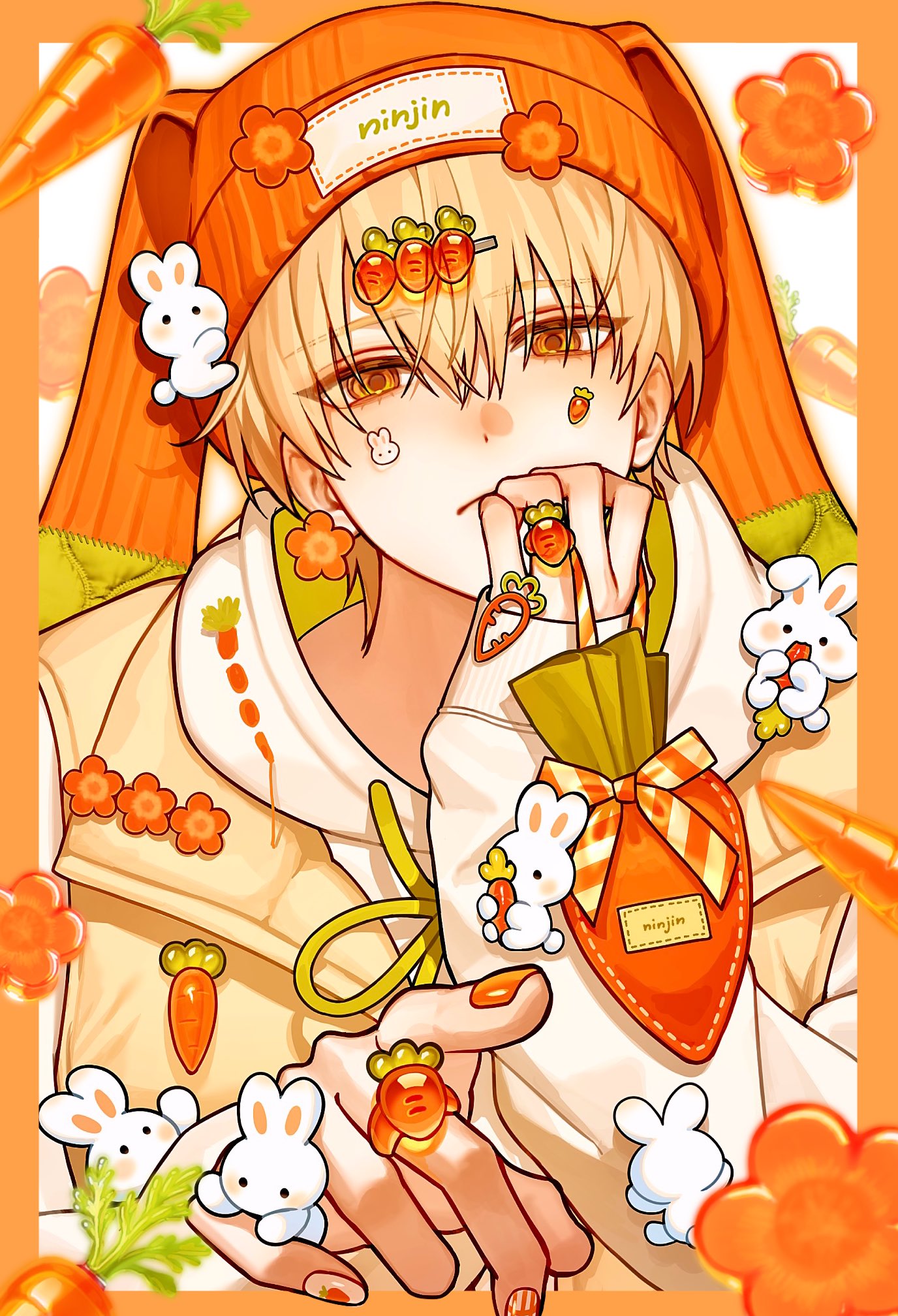 original, highres, 1boy, beanie, blonde hair, border, carrot hair ornament, closed mouth, earflap beanie, flower, food-themed hair ornament, hair between eyes, hair ornament, hairclip, hand to own mouth, hat, jewelry, long sleeves, looking at viewer, male focus, multiple rings, muuu0406, orange border, orange eyes, orange flower, orange nails, portrait, ring, short hair, sleeves past wrists, solo, sticker, sticker on face, vest, yellow vest