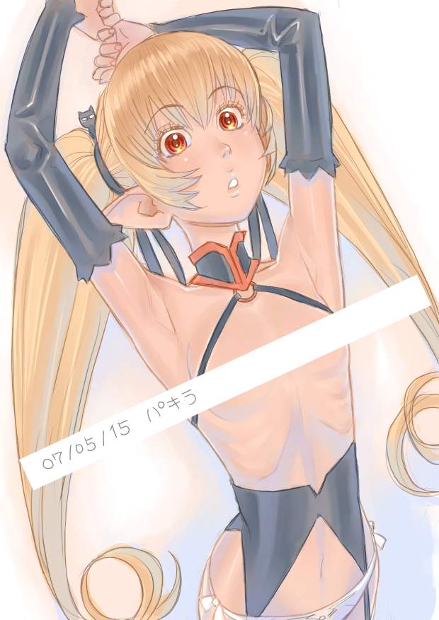 zenkou, pachira, renkin san-kyuu magical pokaan, 1girl, bar censor, blonde hair, censored, collar, convenient censoring, detached sleeves, female focus, flat chest, garter belt, loli, midriff, navel, panties, pointy ears, red eyes, ribs, solo, twintails, underwear