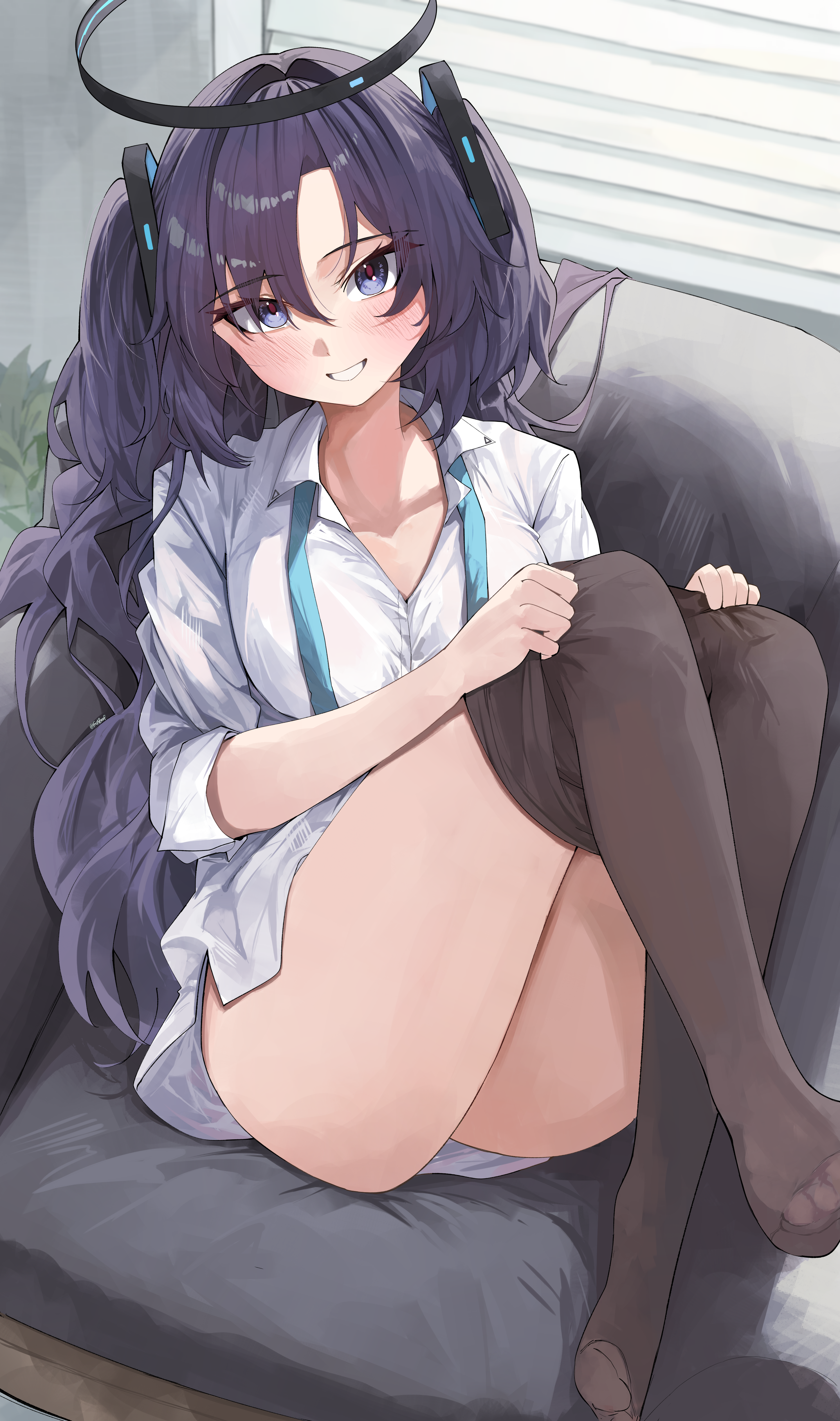 freshbeef, yuuka (blue archive), blue archive, absurdres, commentary, english commentary, highres, 1girl, ass, blush, breasts, brown pantyhose, collarbone, dressing, halo, indoors, knees up, long hair, looking at viewer, medium breasts, necktie, no pants, open collar, pantyhose, purple hair, shirt, sitting, smile, solo, two side up, undone necktie, very long hair, white shirt, window blinds