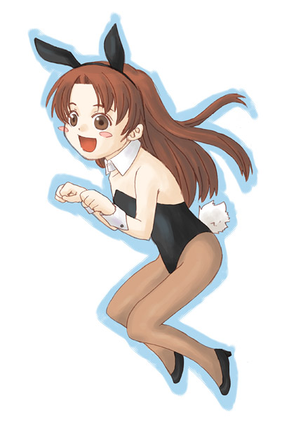 nekohachi, bad id, bad pixiv id, animal ears, brown eyes, brown hair, fake animal ears, long hair, pantyhose, playboy bunny, rabbit ears, solo
