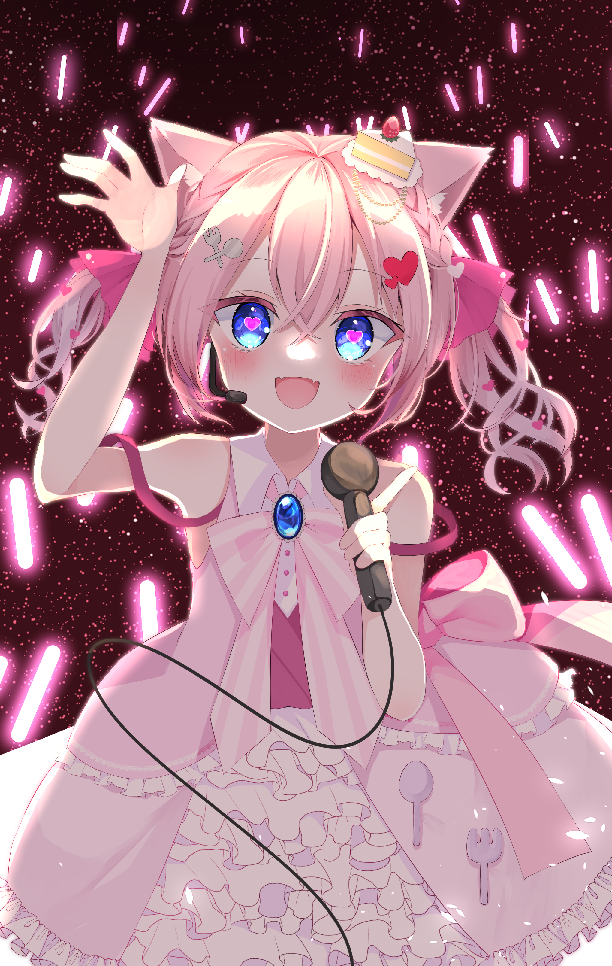 nanakusa miya, original, absurdres, commission, highres, pixiv commission, 1girl, :d, animal ear fluff, animal ears, blue eyes, bow, braid, brooch, cake hair ornament, cat ears, collared dress, dress, fangs, food, food-themed hair ornament, fork hair ornament, frilled dress, frills, fruit, glowing, glowstick, hair between eyes, hair ornament, headset, heart, heart-shaped pupils, heart hair ornament, holding, holding microphone, idol, jewelry, looking at viewer, medium hair, microphone, open mouth, penlight (glowstick), pink bow, pink dress, sleeveless, sleeveless dress, smile, solo, spoon hair ornament, strawberry, symbol-shaped pupils, tongue, twintails