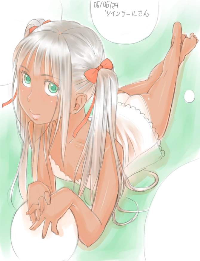 zenkou, silver hair, camisole, child, dark-skinned female, dark skin, flat chest, green eyes, lying, panties, solo, thighhighs, twintails, underwear