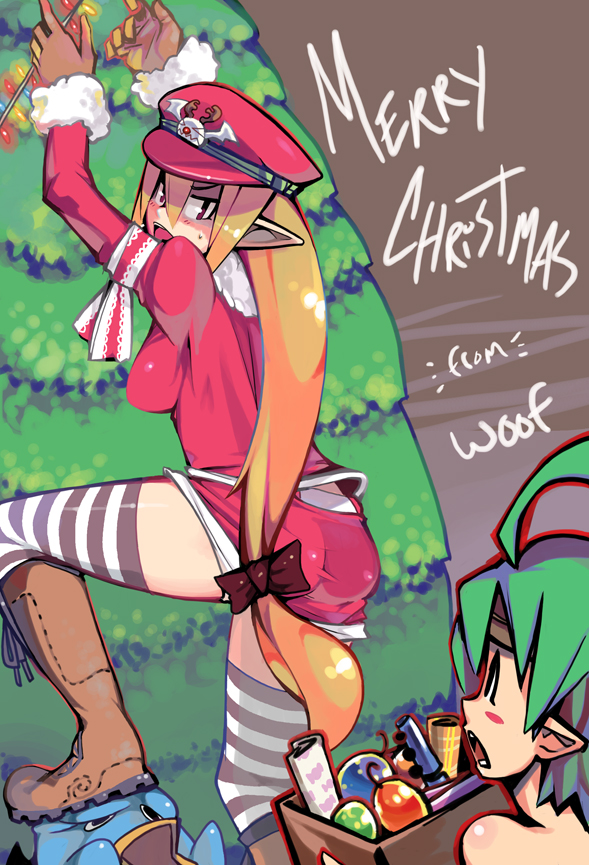 woofycakes, female warrior (disgaea), prinny, salvatore, salvatore (disgaea), disgaea, makai senki disgaea 3, nippon ichi, bad id, bad pixiv id, 1girl, ass, blonde hair, boots, christmas, demon girl, long hair, pointy ears, thighhighs, very long hair