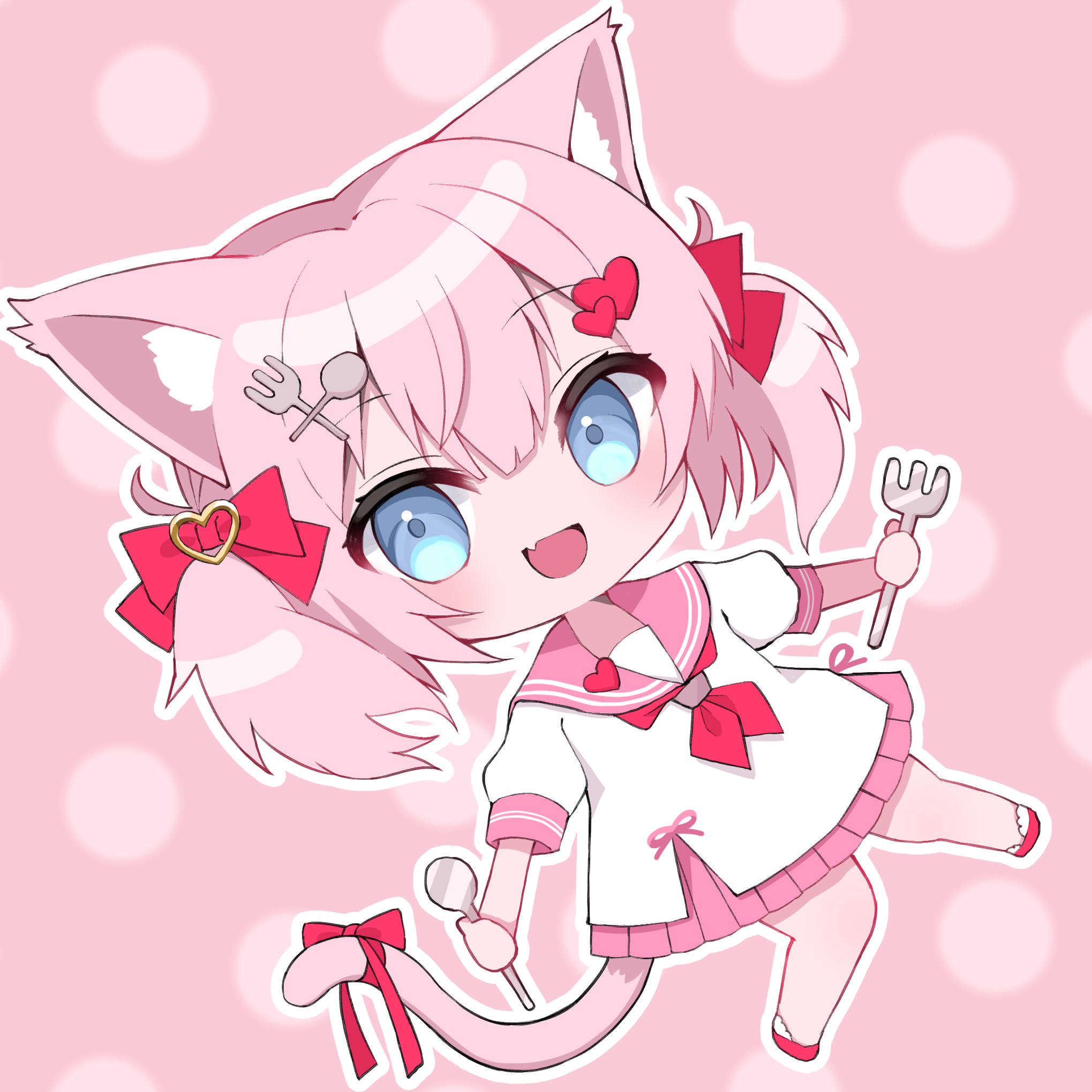 nanakusa miya, original, commentary request, commission, highres, pixiv commission, 1girl, :d, animal ear fluff, animal ears, blue eyes, bow, cat ears, cat girl, cat tail, chibi, chibi only, fang, fork hair ornament, full body, hair bow, looking at viewer, medium hair, neckerchief, open mouth, outline, pink background, pink hair, pink neckerchief, pink sailor collar, pink skirt, pink theme, pleated skirt, polka dot, polka dot background, red bow, red shoes, sailor collar, school uniform, serafuku, shoes, skirt, smile, solo, spoon hair ornament, tail, tongue, twintails, white outline