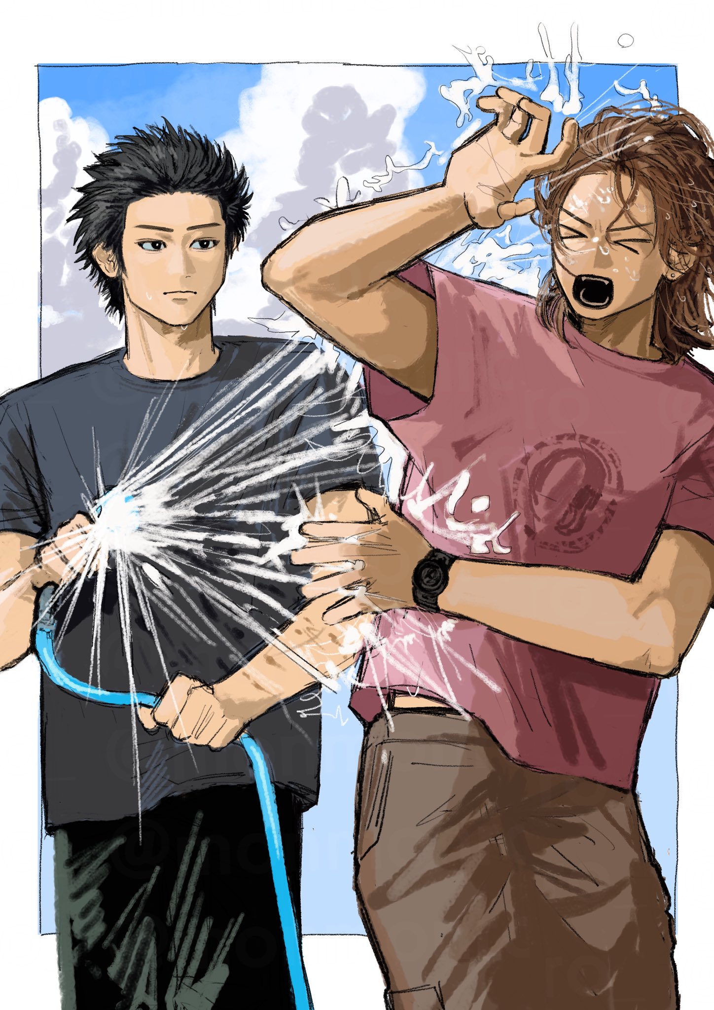 akiyama ren, kido shinji, kamen rider, kamen rider ryuki (series), highres, > <, 2boys, animification, arm up, black eyes, black hair, border, brown hair, closed mouth, cloud, crew neck, earrings, holding, holding hose, hose, jewelry, looking at another, male focus, monmonro, multiple boys, open mouth, outside border, outstretched hand, shirt, short hair, short sleeves, stud earrings, t-shirt, teeth, watch, water, white border, wristwatch