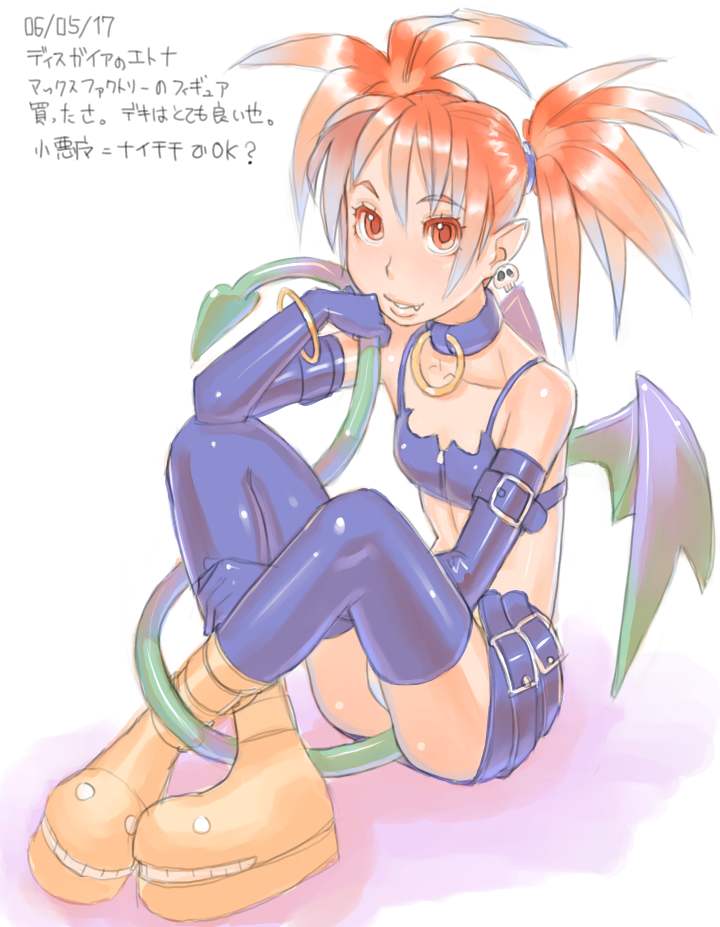 zenkou, etna (disgaea), disgaea, makai senki disgaea, makai senki disgaea 2, nippon ichi, 00s, bat wings, collar, demon girl, elbow gloves, fang, flat chest, gloves, miniskirt, pointy ears, red eyes, red hair, skirt, solo, tail, thighhighs, twintails, wings