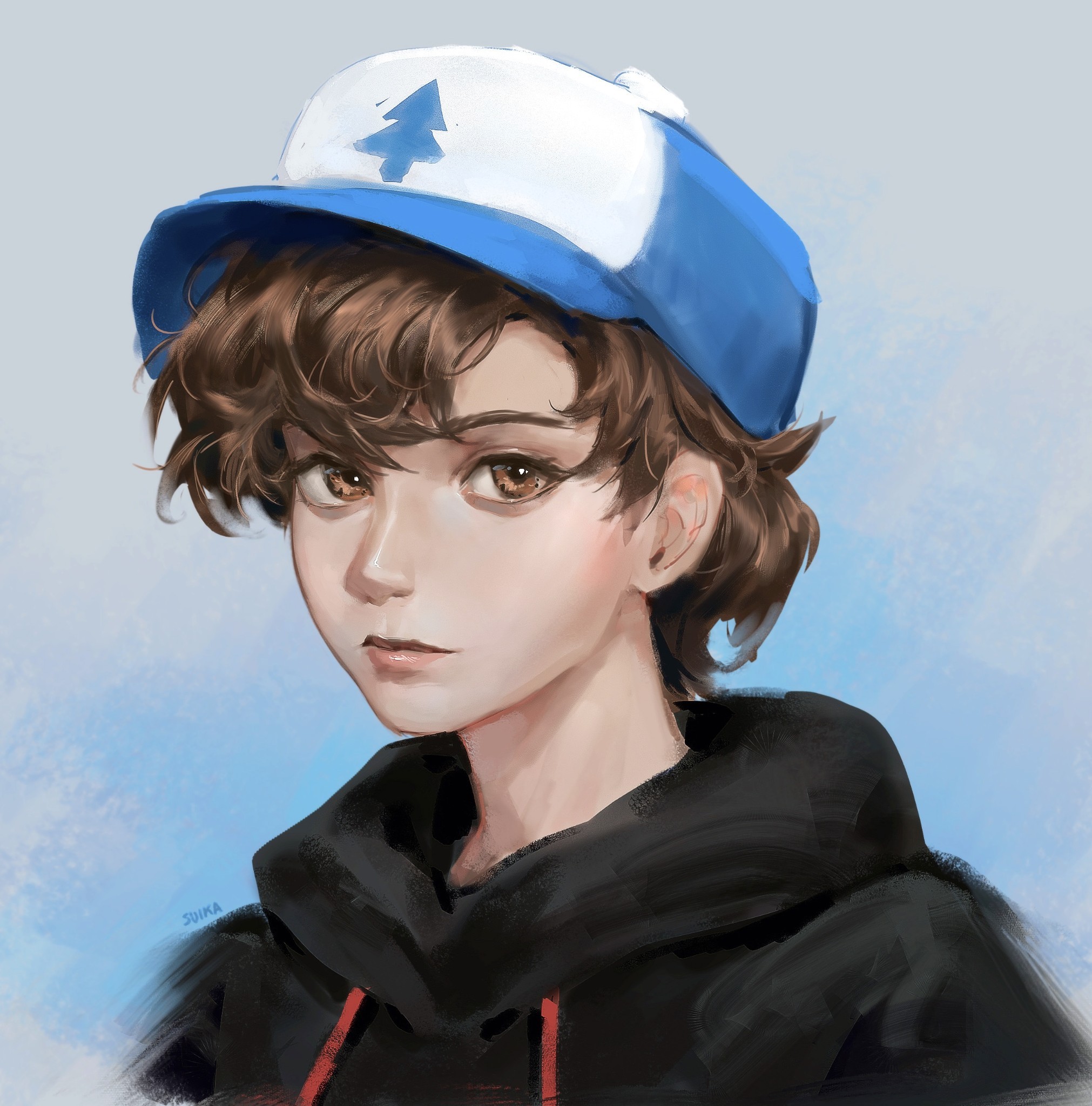 suikamelony, dipper pines, gravity falls, highres, 1boy, baseball cap, black hoodie, brown eyes, brown hair, hat, hood, hoodie, lips, male focus, painterly, realistic, short hair, solo