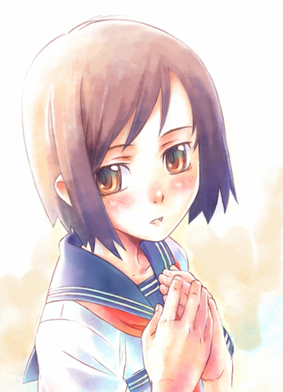 nyaou, revision, 1girl, blush, brown hair, female focus, own hands clasped, own hands together, school uniform, serafuku, short hair, solo