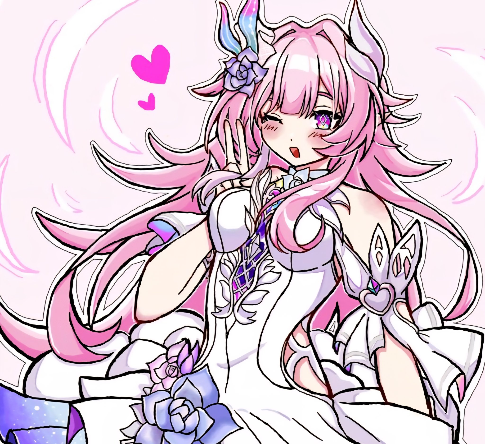 cyrene (honkai: star rail), cyrene (ripples of past reverie) (honkai: star rail), honkai: star rail, honkai (series), commentary, highres, symbol-only commentary, 1girl, ;o, bare shoulders, breasts, detached sleeves, diamond-shaped pupils, diamond (shape), dress, flower, hair flower, hair ornament, heart, large breasts, long hair, looking at viewer, mumm 36, one eye closed, pink hair, pointy ears, purple eyes, simple background, solo, symbol-shaped pupils, v, very long hair, white dress