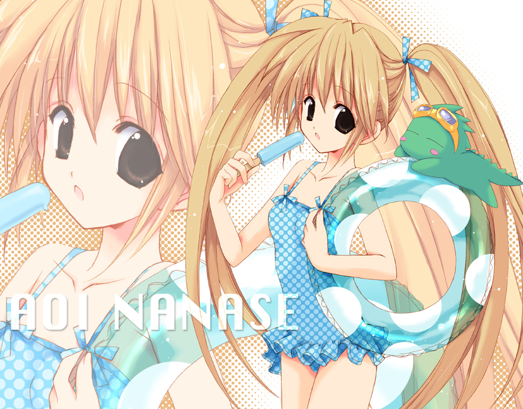 nanase aoi, non-web source, blonde hair, brown eyes, brown hair, food, innertube, long hair, one-piece swimsuit, popsicle, solo, swim ring, swimsuit, twintails, zoom layer