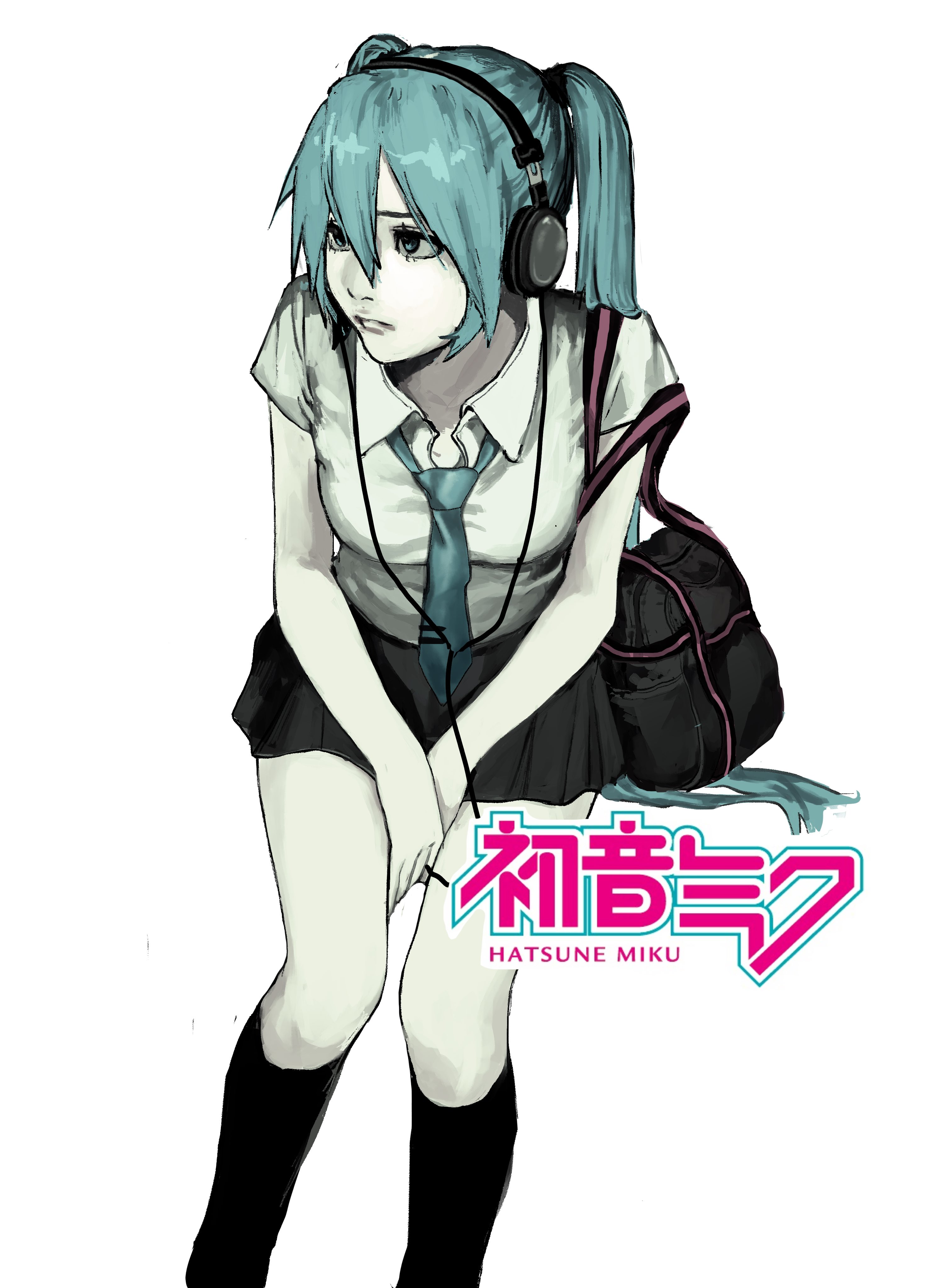 hatsune miku, vocaloid, absurdres, highres, 1girl, adapted costume, aqua eyes, aqua hair, aqua necktie, bag, black skirt, black socks, blue eyes, blue hair, character name, closed mouth, collared shirt, hair between eyes, headphones, invisible chair, kneehighs, long hair, looking to the side, necktie, shirt, simple background, sitting, skirt, socks, solo, tie clip, twintails, very long hair, white shirt, ystty0