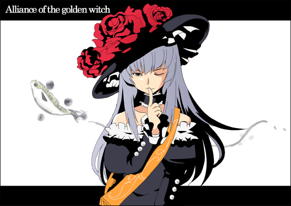 yanagihara tantoui, virgilia (umineko), alliance of the golden witch, umineko no naku koro ni, silver hair, 00s, dress, fish, flower, frills, hat, hime cut, long hair, one eye closed, sash, solo, wink