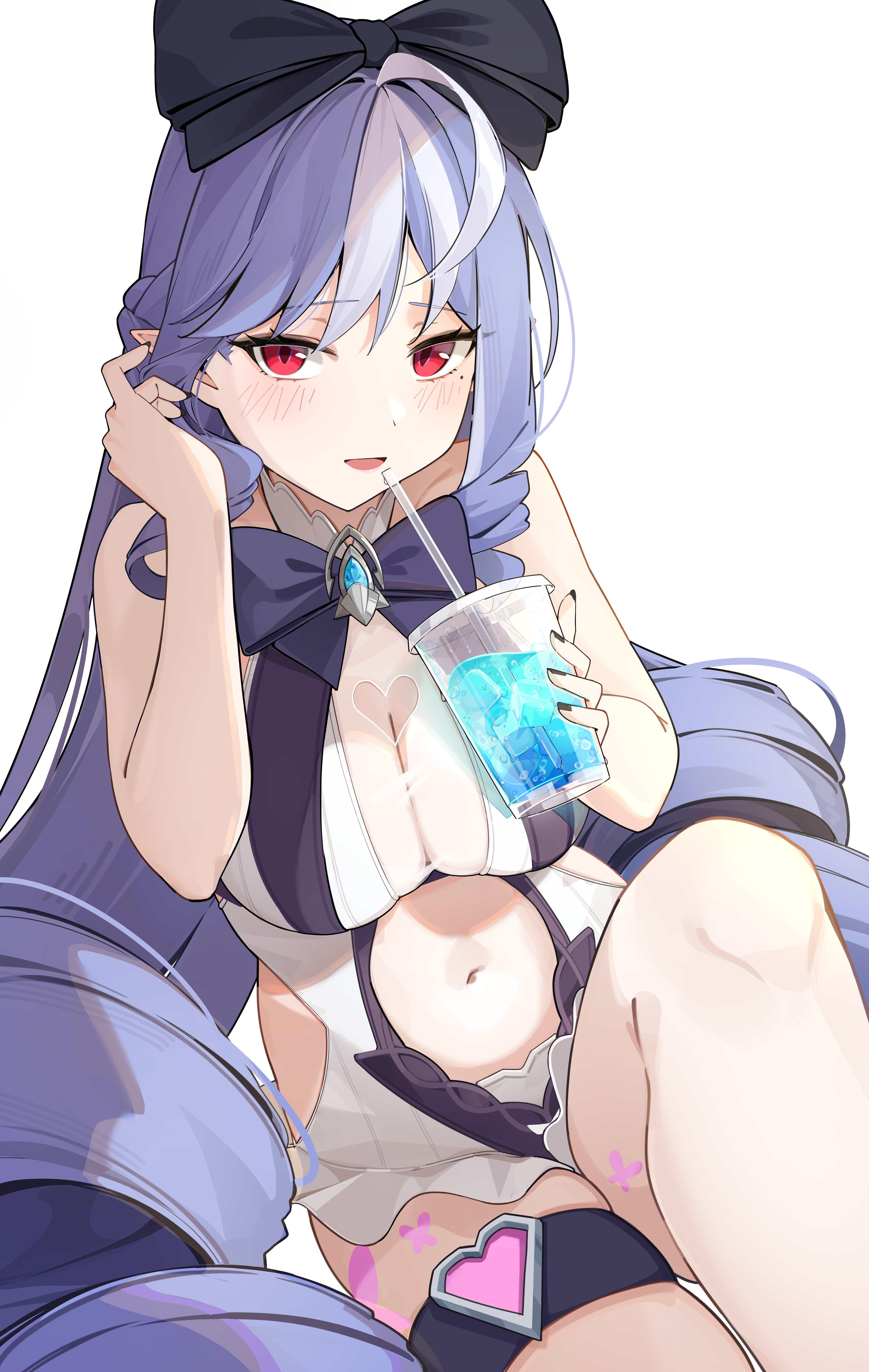 opm7760, vivian banshee, vivian banshee (iris of the shore), zenless zone zero, absurdres, commentary, highres, 1girl, adjusting hair, black nails, blush, bow, breasts, cleavage, clothing cutout, cup, disposable cup, drill hair, drill sidelocks, drinking straw, hair bow, heart cutout, holding, holding cup, knee up, large breasts, long hair, looking at viewer, multicolored hair, navel, official alternate costume, one-piece swimsuit, open mouth, pointy ears, purple hair, red eyes, sidelocks, simple background, solo, stomach, streaked hair, swimsuit, white background, white hair, white one-piece swimsuit