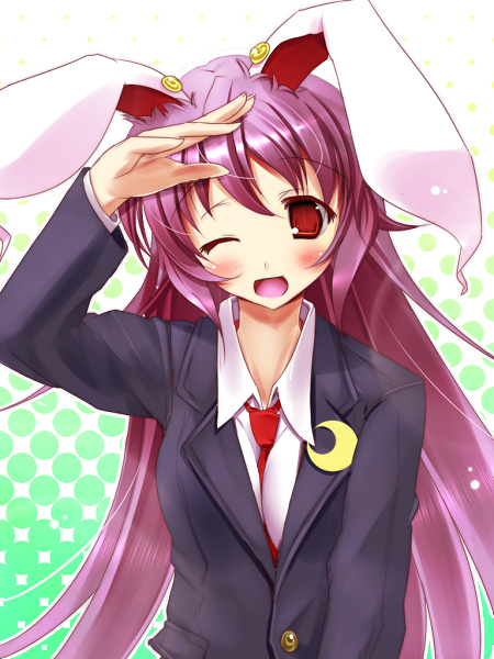 scarlet (studioscr), reisen udongein inaba, touhou, 1girl, animal ears, blush, breasts, crescent moon, female focus, hand on own head, long hair, long sleeves, looking at viewer, moon, necktie, one eye closed, open mouth, purple hair, rabbit ears, red eyes, smile, solo, wink