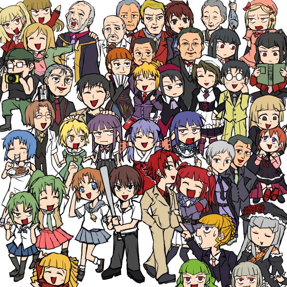 rifyu, akasaka mamoru, asmodeus (umineko), beatrice (umineko), beelzebub (umineko), belphegor (umineko), chie rumiko, chiester410, chiester45, chiester sisters, eva beatrice, frederica bernkastel, furude rika, gouda toshirou, hanyuu, houjou satoko, irie kyousuke, kanon (umineko), lambdadelta, leviathan (umineko), lucifer (umineko), maebara keiichi, mammon (umineko), ooishi kuraudo, ronoue genji, ronove (umineko), ryuuguu rena, satan (umineko), shannon (umineko), sonozaki mion, sonozaki shion, stakes of purgatory, takano miyo, tomitake jirou, ushiromiya ange, ushiromiya battler, ushiromiya eva, ushiromiya george, ushiromiya hideyoshi, ushiromiya jessica, ushiromiya kinzou, ushiromiya krauss, ushiromiya kyrie, ushiromiya maria, ushiromiya natsuhi, ushiromiya rosa, ushiromiya rudolf, virgilia (umineko), 07th expansion, higurashi no naku koro ni, no naku koro ni (series), umineko no naku koro ni, silver hair, 00s, 6+boys, 6+girls, absolutely everyone, angry, animal ears, baseball bat, black hair, blonde hair, blue eyes, blue hair, book, bow, brown eyes, brown hair, camera, choker, closed eyes, couple, crossover, curry, dress, drill hair, everyone, fish, food, formal clothes, frills, glasses, gloves, green eyes, green hair, hair bobbles, hair ornament, hand fan, happy, hat, hetero, horns, in-franchise crossover, japanese clothes, long hair, maid, multiple boys, multiple girls, pantyhose, ponytail, purple eyes, purple hair, red eyes, red hair, sash, school uniform, short hair, siblings, sisters, skirt, smile, suit, sweat, tears, thighhighs, twins, twintails, zettai ryouiki