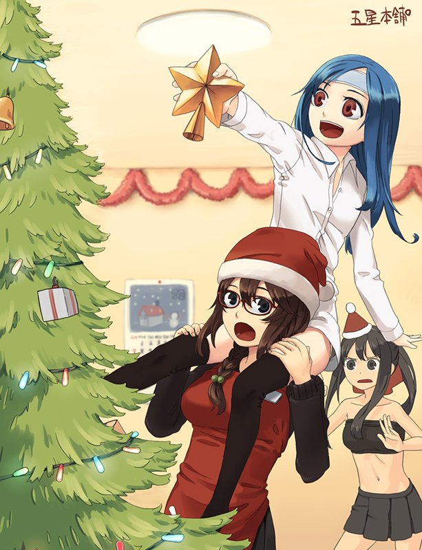 itsutsu, original, blue hair, brown hair, carrying, christmas, christmas tree, santa costume, shoulder carry, thighhighs, tree, zettai ryouiki