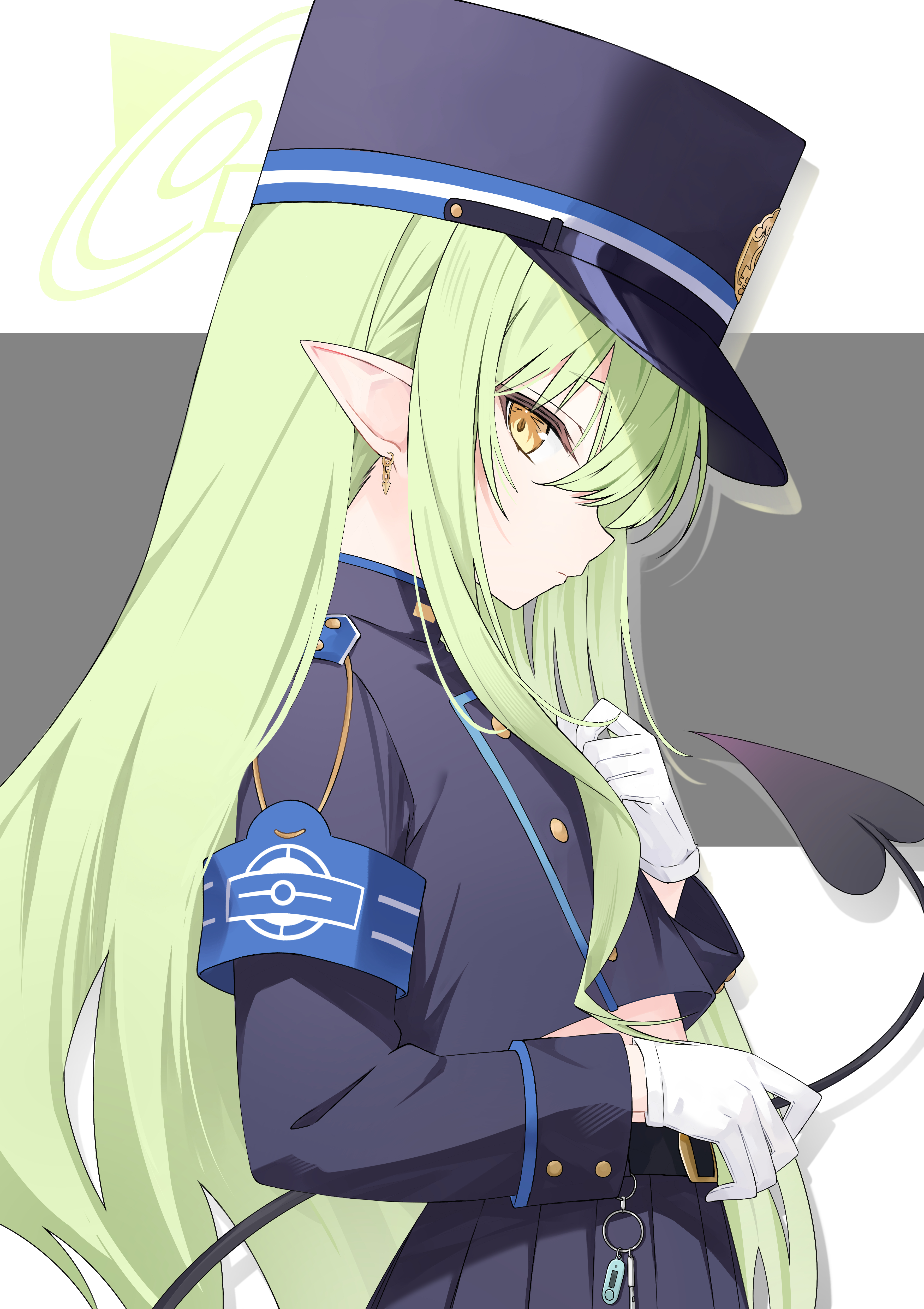lisu, hikari (blue archive), blue archive, absurdres, highres, 1girl, armband, demon tail, gloves, green hair, halo, hat, long hair, pointy ears, solo, tail, white gloves, yellow eyes