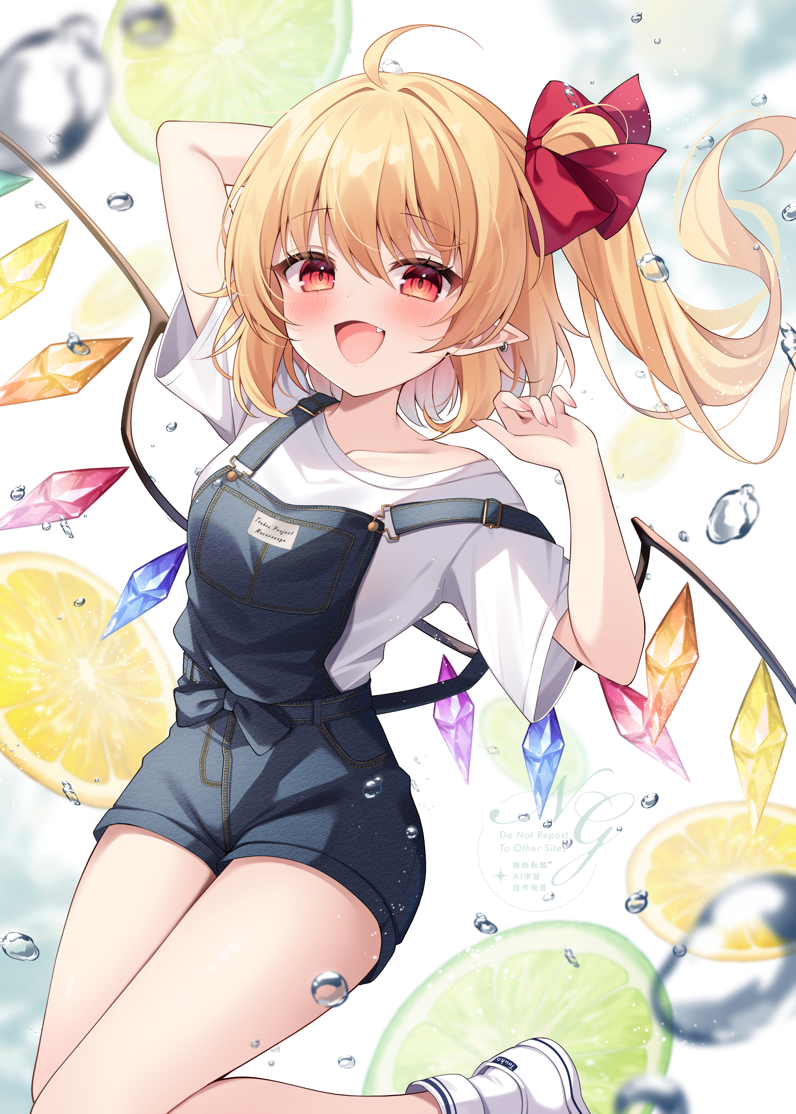 miy@, flandre scarlet, touhou, absurdres, commentary request, highres, 1girl, :d, ahoge, alternate costume, arm behind head, arm up, black overalls, bow, circle name, collarbone, copyright name, cowboy shot, fang, food, fruit, hair bow, lemon, lemon slice, lime (fruit), lime slice, one side up, open mouth, overalls, pointy hair, red bow, red eyes, shirt, shoes, short sleeves, smile, socks, solo, standing, standing on one leg, suspenders, suspenders slip, water drop, watermark, white background, white shirt, white shoes, white socks, wings