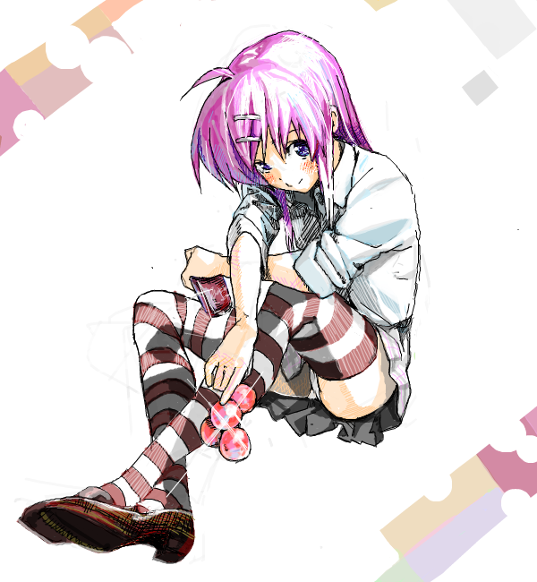 hakuto (artist), hiro (dismaless), saigusa haruka, little busters!, panties, pantyshot, purple hair, sitting, sleeves rolled up, solo, striped clothes, striped thighhighs, thighhighs, underwear, white panties