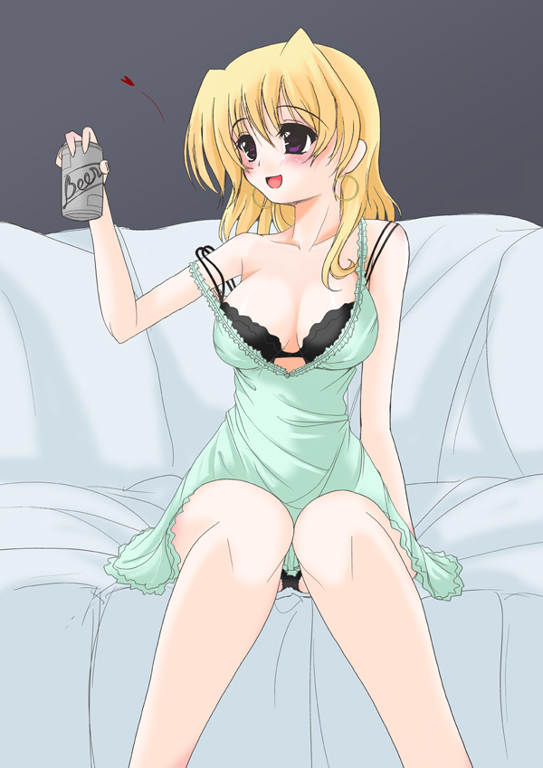 frapowa, shamal, lyrical nanoha, mahou shoujo lyrical nanoha, mahou shoujo lyrical nanoha a's, 00s, 1girl, alcohol, beer, black bra, black panties, blonde hair, blush, bra, breasts, cleavage, drunk, female focus, heart, lingerie, panties, pantyshot, purple eyes, short hair, solo, strap slip, underwear