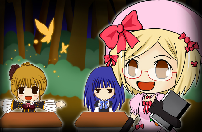 tetla pot, beatrice (umineko), frederica bernkastel, lambdadelta, iosys, touhou, umineko no naku koro ni, 3girls, blonde hair, blue hair, book, bow, bug, butterfly, crossover, dress, frills, glasses, gloves, hat, insect, multiple girls, parody, pink hat, style parody