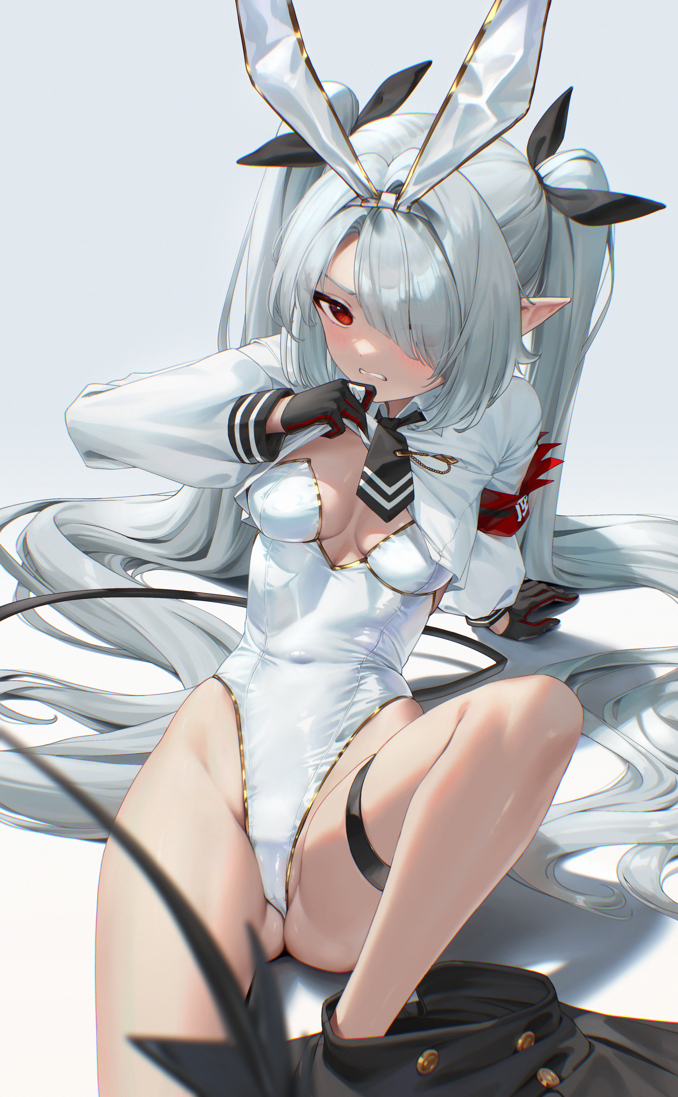 pjman, iori (blue archive), blue archive, absurdres, highres, 1girl, alternate costume, black gloves, black skirt, black tail, blurry, blush, breasts, demon girl, demon tail, depth of field, gloves, gluteal fold, grey hair, highleg, highleg leotard, knee up, leotard, long hair, looking at viewer, medium breasts, pointy ears, red eyes, shirt, skirt, skirt around one leg, solo, strapless, strapless leotard, tail, thighs, white leotard, white shirt