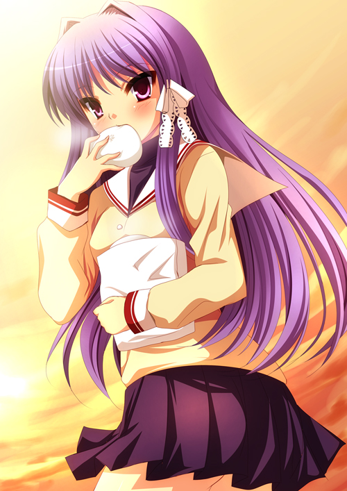 yukizuki chikuba, fujibayashi kyou, clannad, 00s, 1girl, eating, female focus, food, school uniform, solo, steamed bun