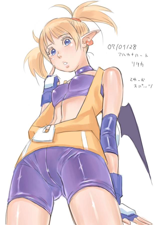zenkou, lilica felchenerow, aq interactive, arcana heart, atlus, examu, 1girl, bat wings, bike shorts, blonde hair, blue eyes, breasts, cameltoe, choker, demon girl, earrings, elbow pads, female focus, fingerless gloves, from below, gloves, jewelry, pointy ears, short twintails, small breasts, solo, spandex, twintails, wings