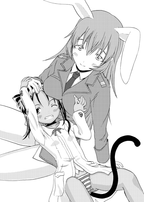 sabamu, charlotte e. yeager, francesca lucchini, strike witches, world witches series, 00s, 2girls, animal ears, cat ears, cat tail, greyscale, long hair, lying, monochrome, multiple girls, one eye closed, panties, rabbit ears, rabbit girl, striped clothes, striped panties, tail, twintails, underwear, wink