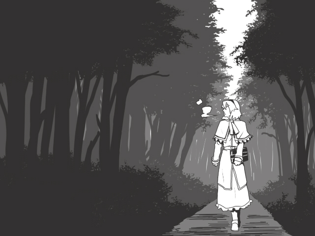 torinone, alice margatroid, touhou, bad id, bad pixiv id, 1girl, book, female focus, forest, greyscale, grimoire, grimoire of alice, monochrome, nature, outdoors, plant, short hair, solo, tree