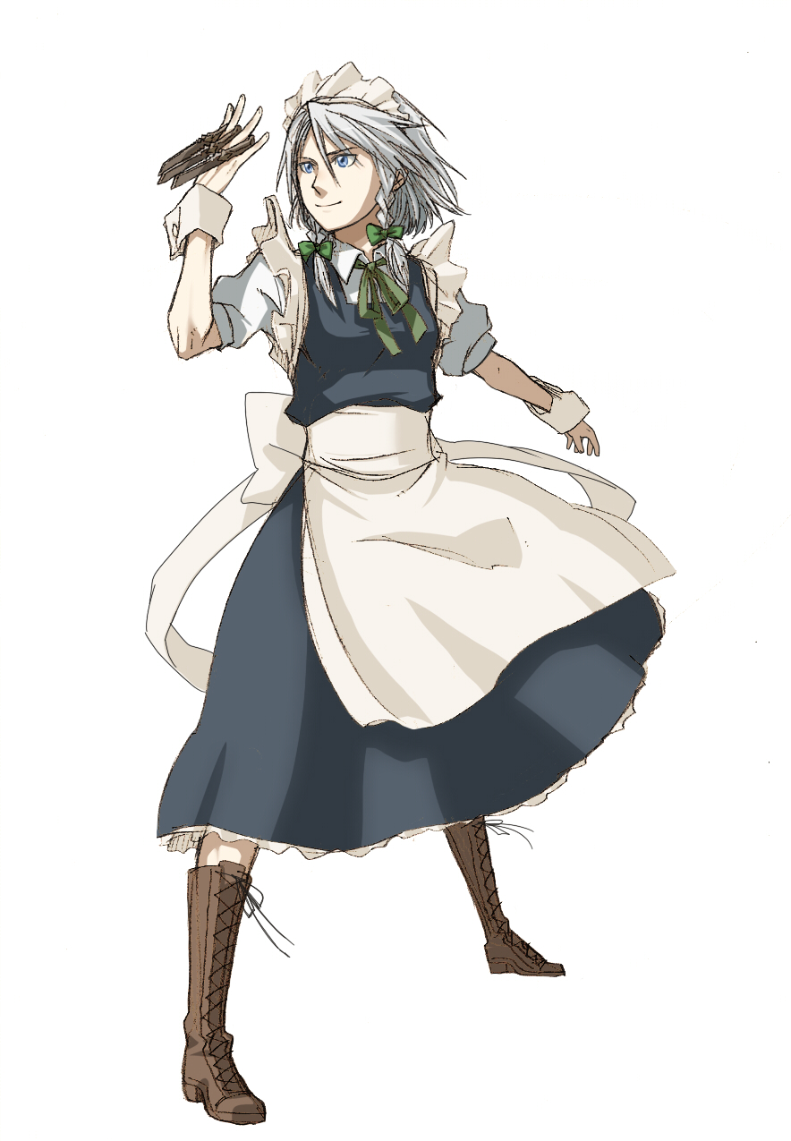 torinone, izayoi sakuya, touhou, silver hair, highres, 1girl, between fingers, blue eyes, boots, braid, female focus, holding, knife, maid, solo, throwing knife, twin braids, weapon