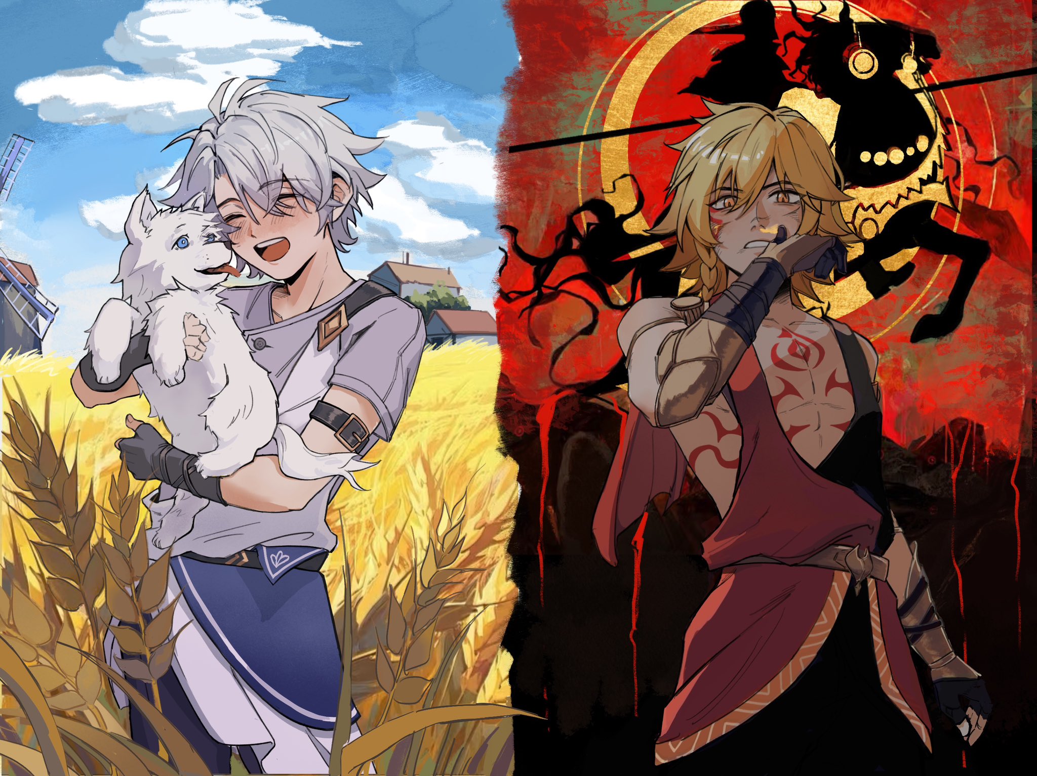 mydei (a trail of bygone blood) (honkai: star rail), mydei (honkai: star rail), phainon (a dream scented in wheat) (honkai: star rail), phainon (honkai: star rail), honkai: star rail, honkai (series), hashtag-only commentary, highres, 2boys, antenna hair, black gloves, black pants, blonde hair, blood, blue sky, blush, braid, chest tattoo, clawed gauntlets, closed eyes, facial tattoo, fingerless gloves, gloves, gradient hair, grey shirt, hadanugi dousa, male focus, medium hair, multicolored hair, multiple boys, nosebleed, official alternate costume, open kimono, oui98555904, pants, parted bangs, red hair, red tattoo, shirt, short hair, side braid, sky, split screen, split theme, tattoo, wheat field, white hair, wiping blood, yellow eyes