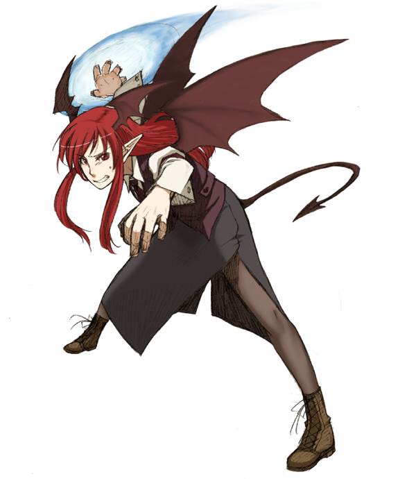 torinone, koakuma, embodiment of scarlet devil, touhou, 1girl, bat wings, demon tail, female focus, head wings, pantyhose, pointy ears, red eyes, red hair, simple background, solo, spread legs, standing, tail, white background, wings