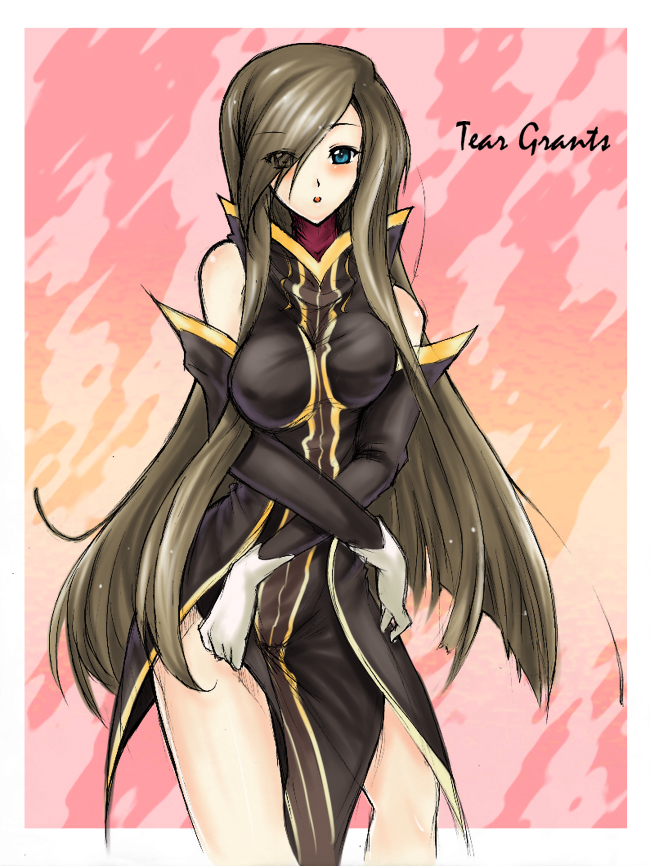 piromizu, tear grants, tales of (series), tales of the abyss, 00s, 1girl, blue eyes, blush, breasts, brown hair, character name, female focus, gloves, hair over one eye, long hair, pink background, solo, tabard