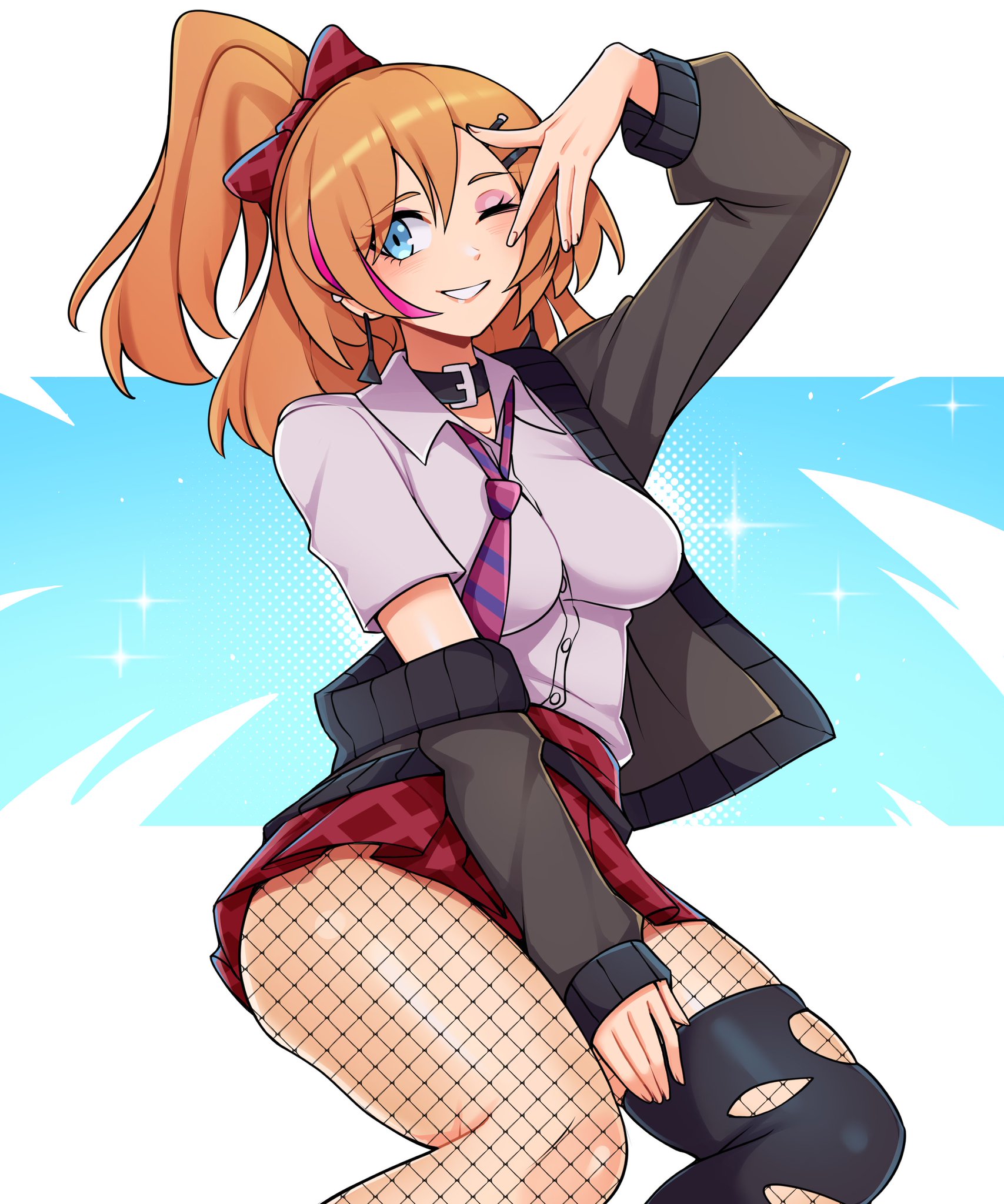 oninuer, original, commentary, commission, english commentary, highres, 1girl, arm up, black choker, black jacket, black thighhighs, blue eyes, bow, breasts, choker, collared shirt, cowboy shot, diagonal-striped clothes, diagonal-striped necktie, double-parted bangs, fishnet pantyhose, fishnets, grey shirt, hair between eyes, hair bow, jacket, jacket partially removed, large breasts, long hair, long sleeves, looking at viewer, miniskirt, necktie, one eye closed, orange hair, pantyhose, purple necktie, red bow, red skirt, shirt, short sleeves, single thighhigh, skirt, smile, solo, striped clothes, thighhighs, torn clothes, torn thighhighs