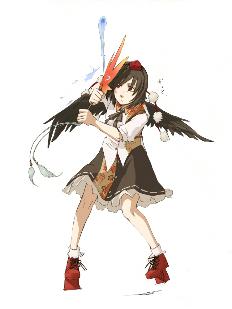 torinone, shameimaru aya, touhou, looking away, 1girl, black wings, brown hair, expressionless, female focus, geta, hat, red eyes, short hair, skirt, solo, tengu-geta, wings